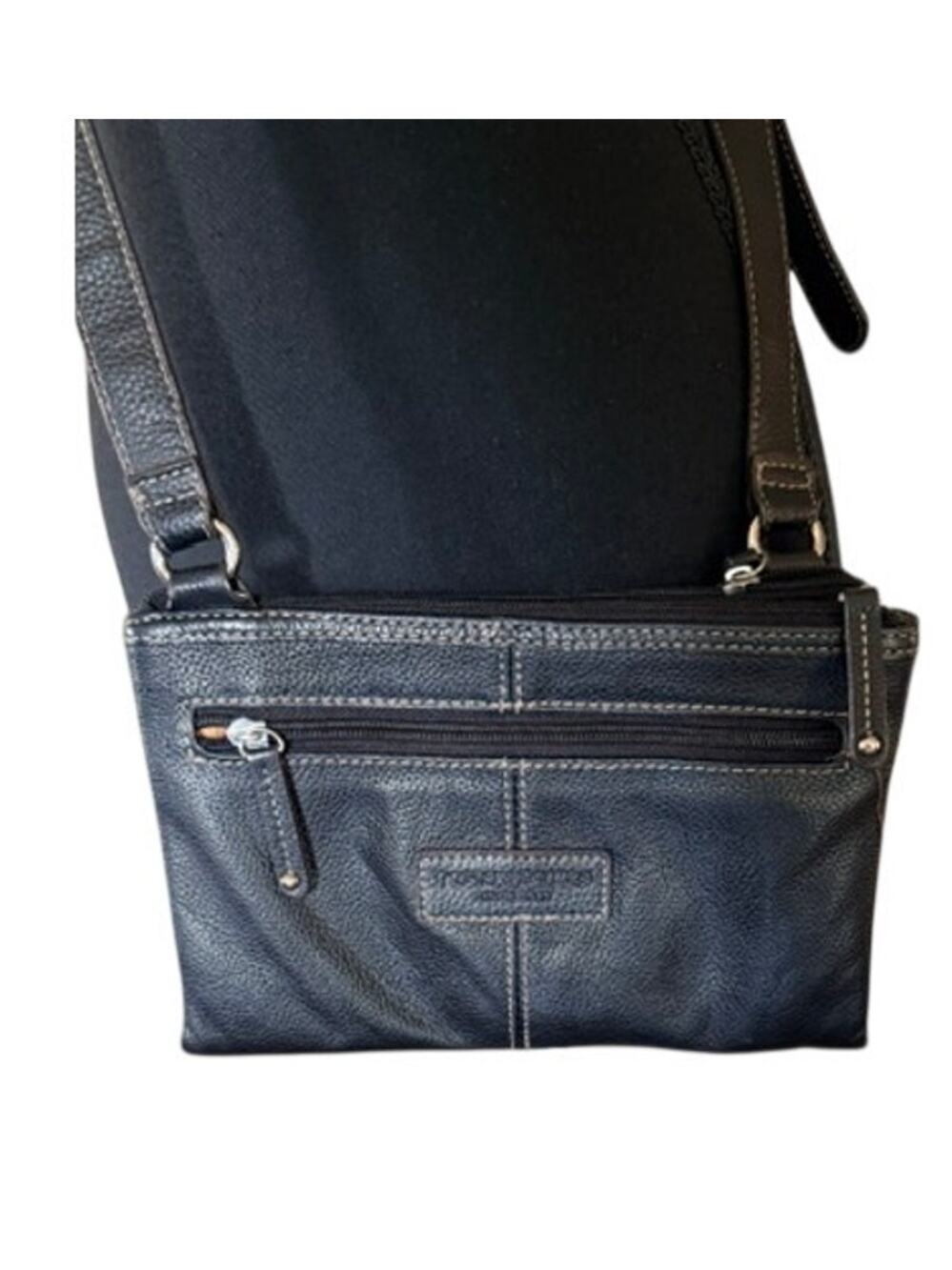 Tignanello Black Crossbody Organizer Bag Leather Multi Zip Shoulder Purse